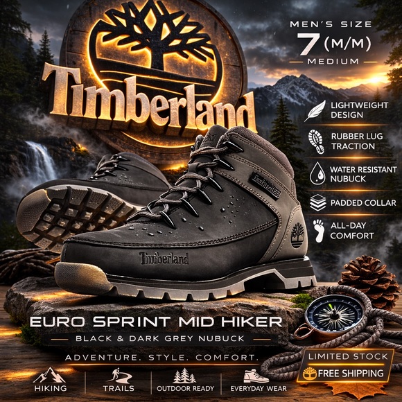 Timberland Euro Sprint Mid Hiker 7M Black Nubuck NIB FreeShipping